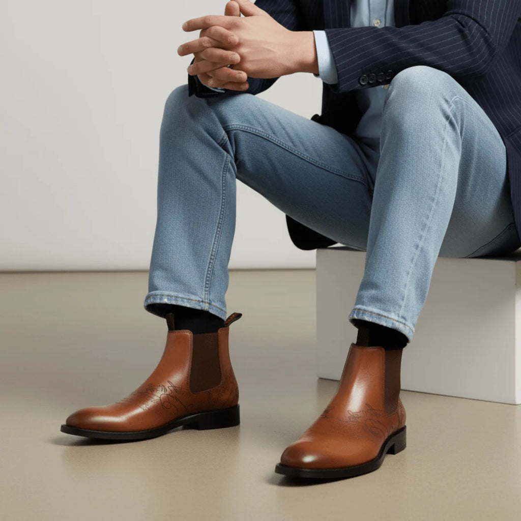 Westwood: Chelsea Boots Homme - Cuir Cognac Gravé