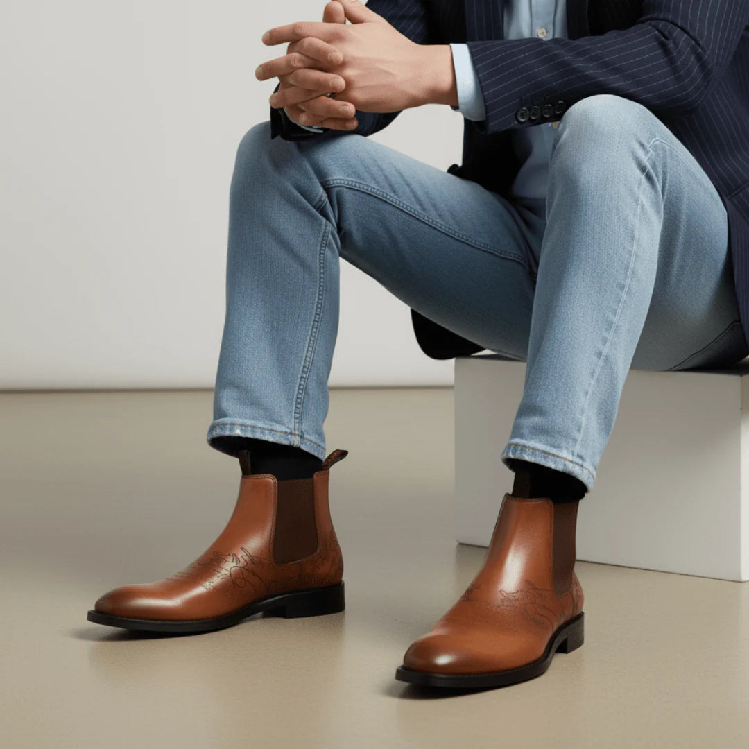 Westwood: Chelsea Boots Homme - Cuir Cognac Gravé